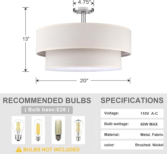 4 Light Semi Flush Mount Close to Ceiling Light Fixture,Cream Linen Fabric Shade Brushed Nickel Finish 20 inch for Bedroom,Living Room,Dining Room Hallway