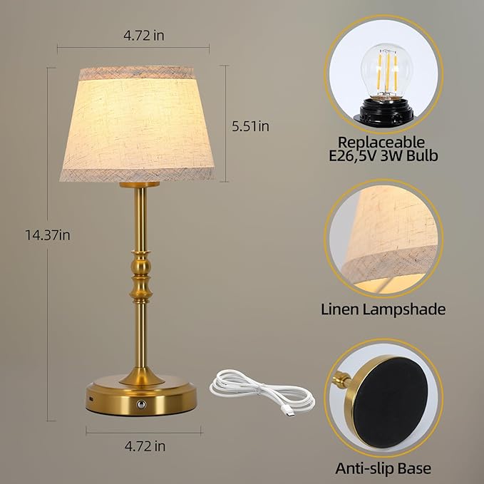 Small Gold Rechargeable Table Lamp,12-14 Inch Tall Vintage Style,Battery Powered Cordless Desk Lamp,Mini Touch Control Bedside Lamp,Warm Light 3000K for Nightstand Bedroom Counter Living Room-2 Pack