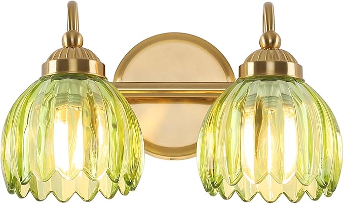 Vintage Bathroom Light Fixtures, Brass Vanity Lights with Green Tulip Glass Shade, Vanity Sconces for Bathroom Bedroom Living Room Hallway, 2-Light