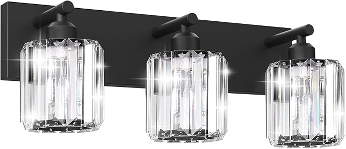 Black Crystal Bathroom Vanity Light, 3-Light Modern Bathroom Lighting Fixtures Over Mirror, Matte Black Wall Sconce Light Fixtures with Round Shade