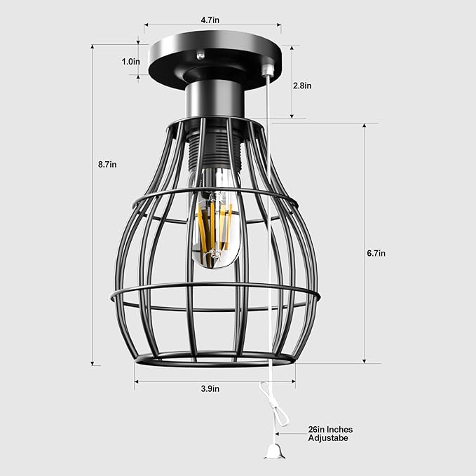 Lightdot 2Pack Flush Mount Ceiling Light with Pull Chain Farmhouse Industril LED Light Fixture for Closet Metal Cage Pull String Light Fixture for Laundry, Bedroom, Hallway