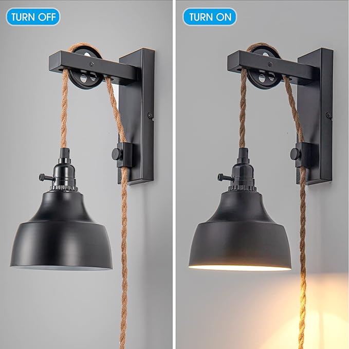 8FT Plug in Wall Sconces Pulley Wall Lamps Vintage Hanging Light Fixture Wall Lights with Plug in Cord On/Off Switch Set of Two Black Wall Lamp for Bedroom, Living Room and Hotel