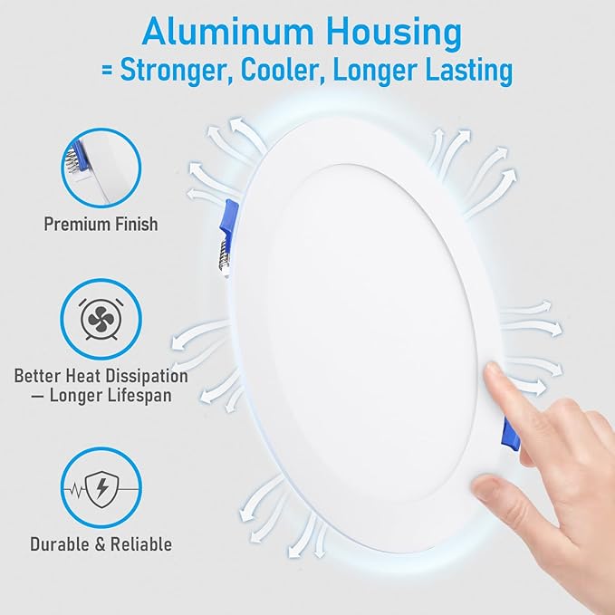 TORCHSTAR Basic Series 12-Pack 5CCT 8 Inch Ultra-Thin LED Recessed Lighting with J Box, CRI90, Aluminum, 2700K3000K3500K4000K5000K, 5%-100% Dimmable Slim Recessed Downlight, 18W 1450LM, ETL & ES