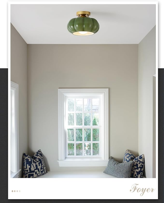 Vintage Semi Flush Mount Ceiling Light,Mid Century Modern Ceiling Light Fixtures,10 Inch Green Glass Shade with a Gold Base,for Bedroom, Kitchen, Hallway, Entryway, and Balconie