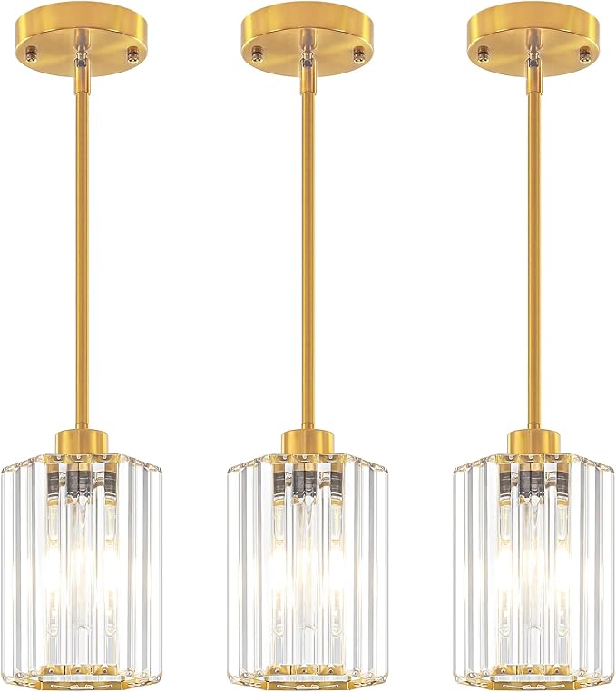 3-Pack Brushed Gold Pendant Lights Kitchen Island Modern Crystal Hanging Pendant Light Hexagonal Mini Chandelier Adjustable Hanging Kitchen Lights for Dining Room Hallway Bedroom Entryway Pendant Lamp