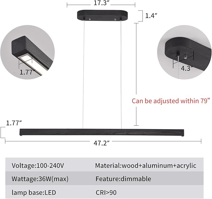 YISDESIGN 47" Black Linear Pendant Light Wooden Led Linear Pendant Light Fixtures Ceiling Hanging Dimmable Pendant Lights for Dining Room Kitchen Island Pool Table Lights Black Wood Finish
