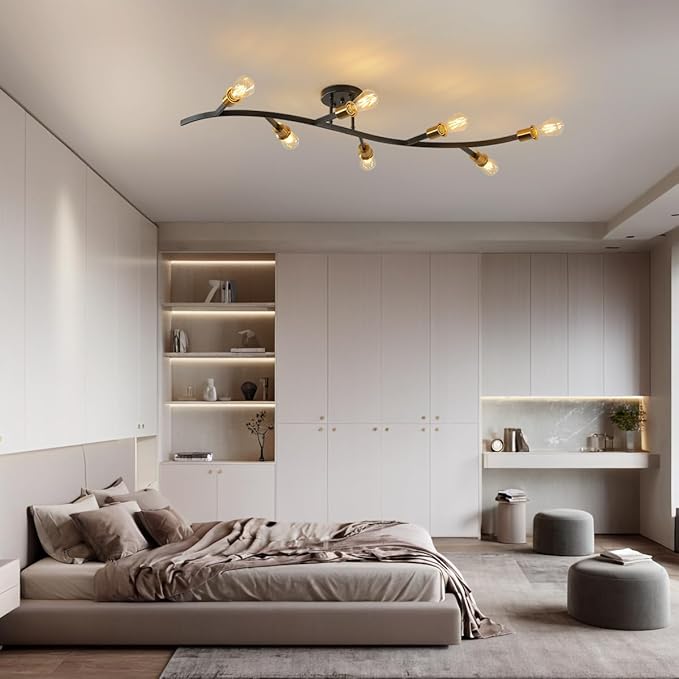 Modern Semi Flush Mount Ceiling Light Fixture for Kitchen Island,Black and Gold 7-Lights Sputnik Chandelier for Living Room,Bedroom,Office(Bulbs Not Included)