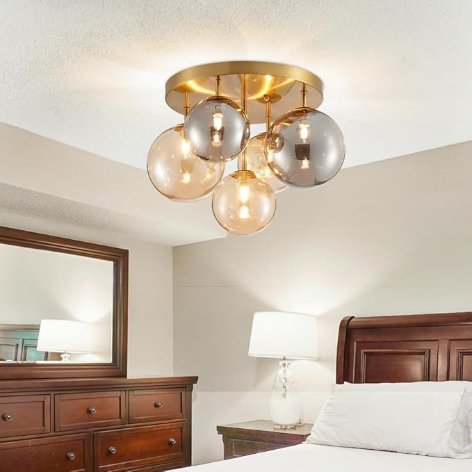 AGV LIGHTING Flush Mount Ceiling Light Fixture, Modern Bubble Glass Ceiling Light with Black Metal Frame, 5-Light G9 Base Gold Brass Ceiling Chandelier for Bedroom Living Room Kitchen Dining Room