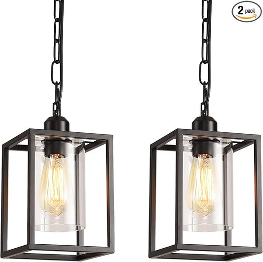 2 Pack Farmhouse Pendant Light,Black Metal Frame Hanging Light Fixture with Clear Glass Shade, Adjustable Chains Industrial Mini Pendant Lighting for Kitchen Island Entryway Porch Foyer