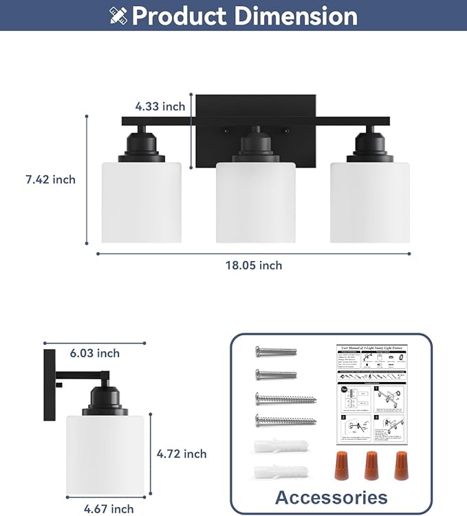 Sailstar 3-Light Bathroom Vanity Light, Anti-Rust Matte Black Bathroom Light Fixtures Over Mirror, Modern Bathroom Lights Wall Mount with Milky White Glass Shades, E26 Base Vanity Lighting