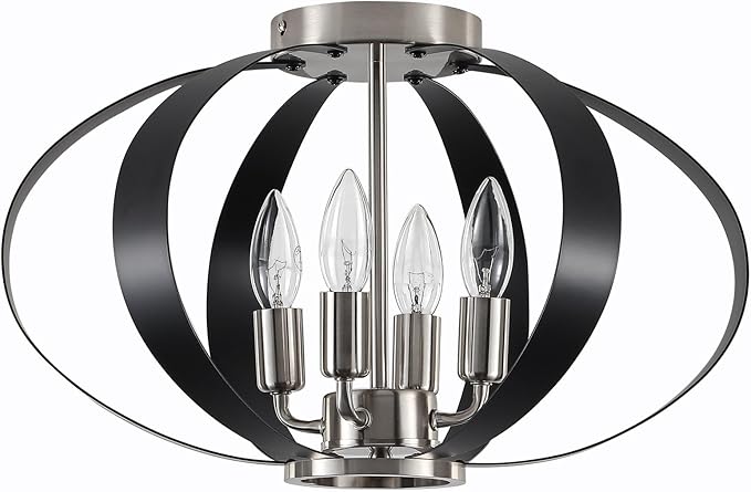 Black and Brushed Nickel Semi Flush Mount Ceiling Light, 4-Light Farmhouse Modern Light Fixtures Ceiling Mount, Metal Cage Stair Lights for Kitchen, Hallway, Entryway, Living Room, Bedroom