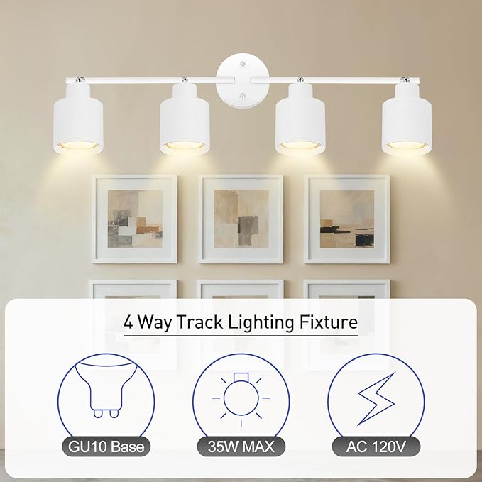 4-Light Led Track Lighting,White Ceiling Lighting Fixtures,Wall Sconces Ceiling Spotlight with Foldable Light Arms for Kitchen, Closet, Bedroom,GU10 Socket, Bulbs Not Included