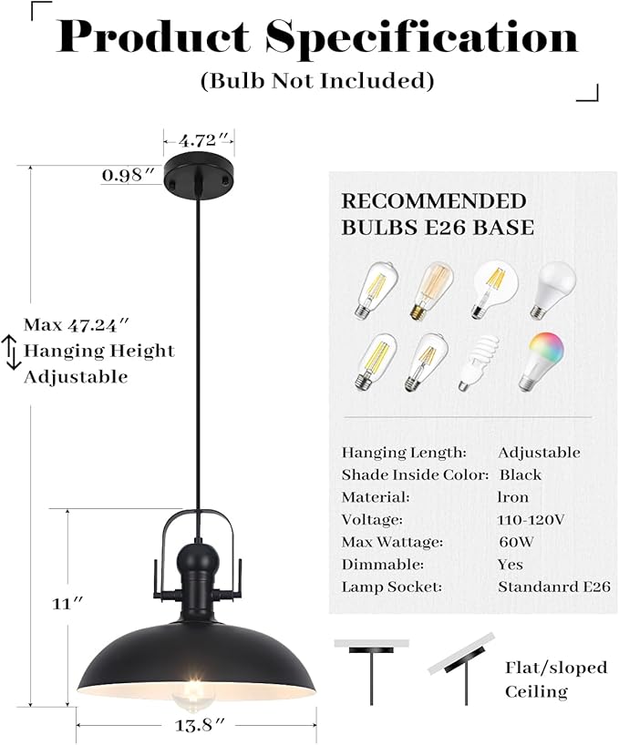 Black Pendant Lights Kitchen Island 1 Pack, Dome Pendant Light 13.8" W, Black Farmhouse Pendant Light for Kitchen Barn Hallway Porch Dining Room