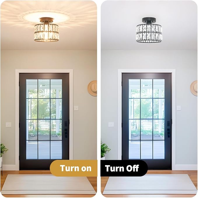 Crystal Ceiling Light Fixture, Modern Matte Black Crystal Chandelier, Small Semi Flush Mount Ceiling Lighting, Round Hallway Lighting for Kitchen Entryway Bedroom Bathroom, 1-Light, 9 Inch