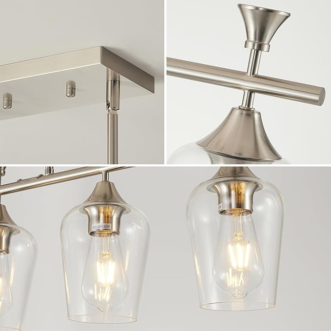 37" Dining Room Light Fixture/Chandelier Over Table, 5-Light Brushed Nickel Kitchen Island Lighting with Clear Glass Shade, Modern Hanging Pendant Lights Fixture for Kitchen Island, Dining Room, Bar