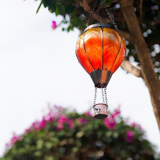 Starsoul 2 Pack Orange Solar Hot Air Balloon Lantern, Glass Hot Air Balloon Solar Lantern Outdoor Waterproof, Solar Hanging Lights with Flickering Flame Decor for Garden Yard Patio