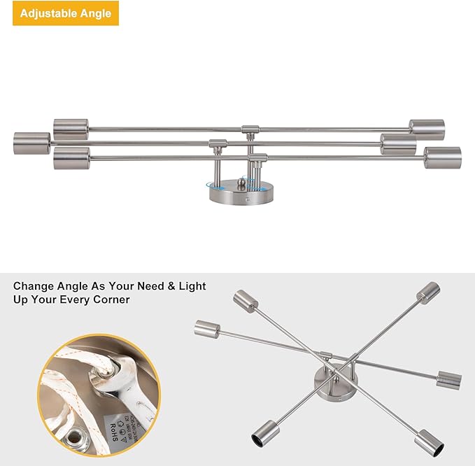 6-Light Modern Sputnik Chandeliers, Silver Mid Century Semi Flush Mount Ceiling Light Fixtures with E26 Base, Industrial Vintage Kitchen Farmhouse Light for Dining Room Bedroom Living Room