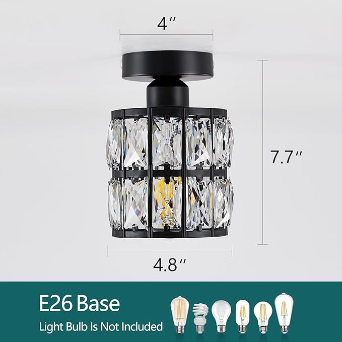 Black Hallway Light Fixtures, Modern Semi Flush Mount Ceiling Light, 1-Light Crystal Chandelier for Bedroom, Hallway Light Fixture Ceiling Mount for Kitchen, Entryway