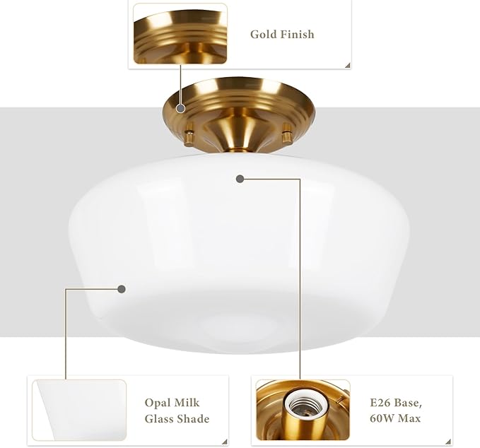 Schoolhouse Style Semi Flush Mount Ceiling Light Fixture, 12" Modern Gold Hallway Ceiling Lamp with Opal Milk Glass Shade Brass, Farmhouse Globe Light for Bedroom Kitchen Hallway Entryway Laundry