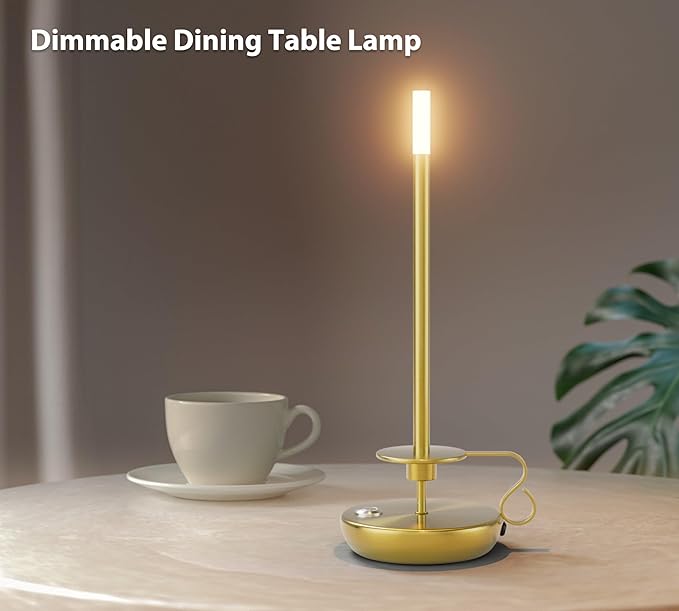 2 Pack 3000K Cordless LED Table Lamp, Battery Powered Stepless Dimmable Rechargeable Table Lamp for Dinner/Dining/Bedroom/Bar/Camping(Gold)