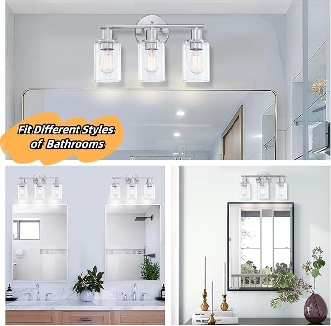 WISBEAM Brushed Nickel Bathroom Vanity Light, 3 Light Bathroom Light Fixtures Over Mirro with Clear Glass Shade Including E26 Medium Base, Bulb NOT Included