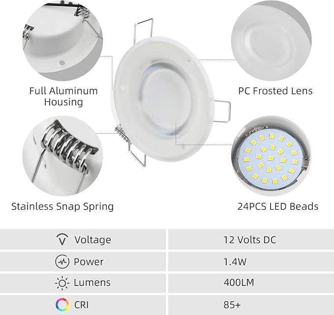 RV Recessed Ceiling Light, 3Inch RV Puck Light 12V, 400LM RV Light Interior, Camper Light Fixture for RV Motorhome Caravan Trailer Boat