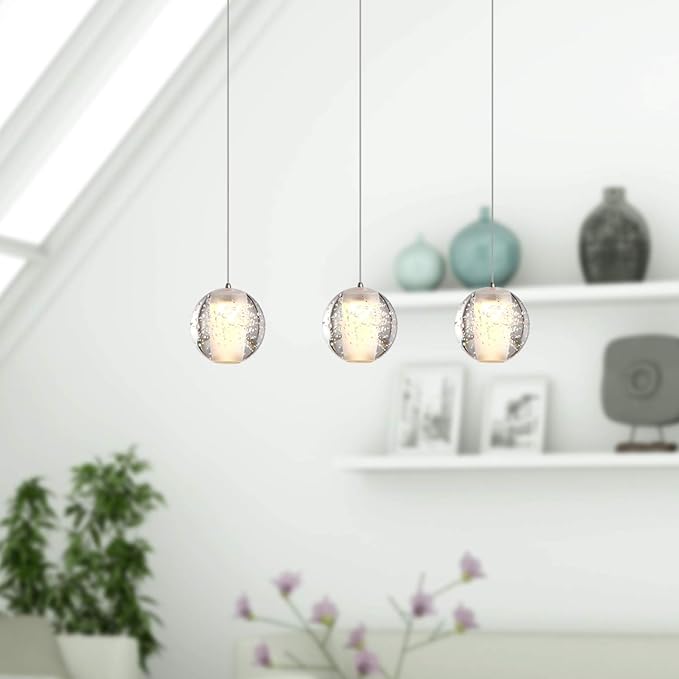 Venus 3 Mini Pendant Glass Ball Lighting Nickel - LED Hanging Light Fixture for Kitchen Island, Bar, Foyer - Cluster Pendants - Dimmable, Adjustable Wire, Lamp Bulb Included