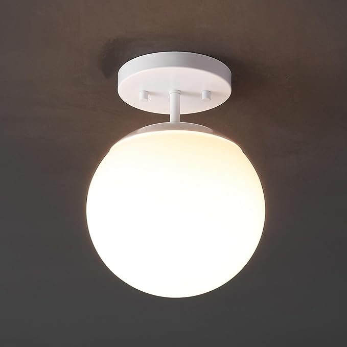 JONATHAN Y 7.75" White Modern Semi Flush Mount Ceiling Light, LED Fixture for Entryway, White Frosted Glass Globe Shade, Mid-Century Farmhouse Lighting for Bedroom Hallway (JYL7499H)