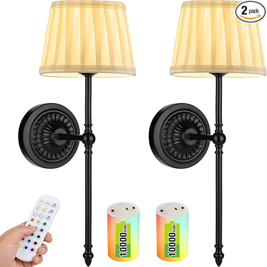 Cordless Wall Sconces Set of 2,10000mAh Small Wireless Battery Operated Wall Sconces Set of Two with RGB LED, Remote, Timer & Dimmable Fabric Gold Wall Lamps for Bedroom, Living Room, Hallway (Black)