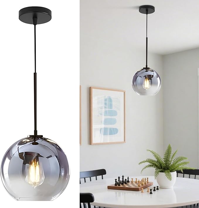 KCO Lighting Mercury Glass Pendant Light Fixtures Mid Century Modern Silver Kitchen Island Pendant Lights Ceiling Hanging Black Large Globe Pendant Light for Living Room Dining Room