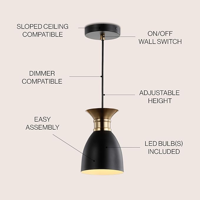JONATHAN Y 5.75" Black/Brass Gold Modern Metal LED Pendant Light Fixture, Adjustable Hanging Ceiling Lamp for Kitchen Island Bedside, Metal Black Shade, LED Bulb Included JYL6136A