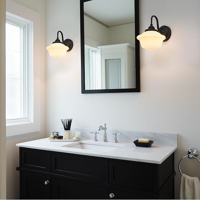 Pathson Vintage Wall Sconce with Milk White Glass, Hardwired Swan-Neck Wall Vanity Light Bathroom Sconce Fixture for Living Room, Foyer, Loft, Bedroom, Farmhouse Lamp