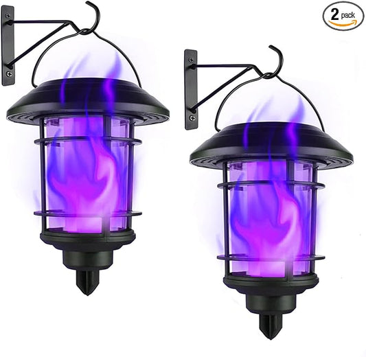 Dynaming Solar Purple Flame Wall Lanterns, Outdoor Halloween Hanging Lights, Flickering Flame LED Auto On/Off Wall Mounted Sconce Lights with Hooks, Waterproof for Garage Stair Patio Porch, 2 Pack