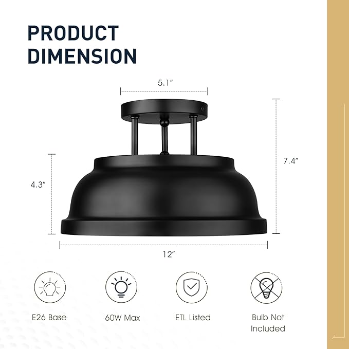 zeyu 12'' Industrial Semi Flush Ceiling Light, 2-Light Flush Mount Ceiling Lamp for Bedroom Dining Room, Metal Dome Shade in Black Finish, ZY29-F BK