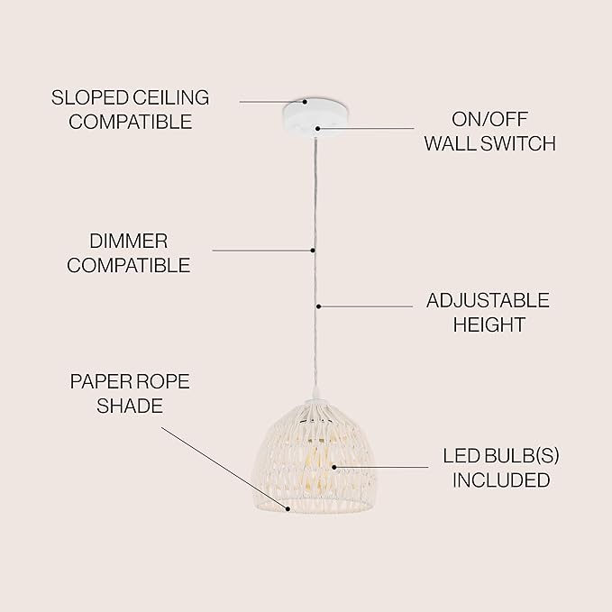 JONATHAN Y 8.25" White Modern Bohemian Woven Rope LED Pendant Light Fixture, Adjustable Dome Ceiling Lamp for Kitchen Island, Rope Shade, Coastal Farmhouse Decor (JYL6512A)