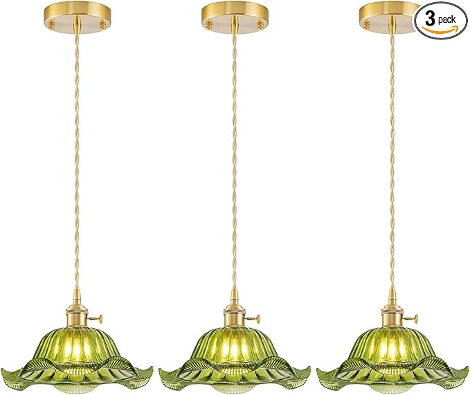 Vintage Pendant Lights Kitchen Island 3 Pack, Adjustable Pendant Light Fixtures with Green Lily Glass Lampshade, Gold Kitchen Pendant Lighting Over Island, Pendant Light for Dining Room Hallway