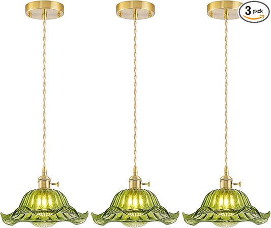 Vintage Pendant Lights Kitchen Island 3 Pack, Adjustable Pendant Light Fixtures with Green Lily Glass Lampshade, Gold Kitchen Pendant Lighting Over Island, Pendant Light for Dining Room Hallway