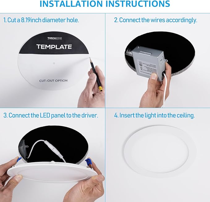 TORCHSTAR Basic Series 12-Pack 8 Inch Ultra-Thin LED Recessed Lighting with Junction Box, Aluminum, 3000K Warm White, 5%-100% Dimmable Slim Recessed Downlight, 18W 1440LM, ETL and Energy Star