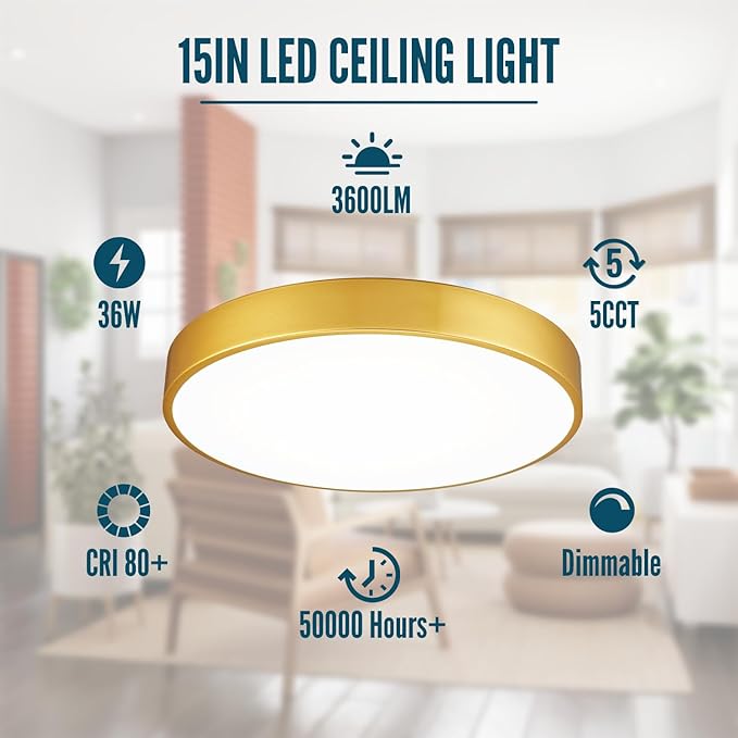 Gold LED Ceiling Light Fixture Flush Mount 15 inch 36W, Dimmable Light Fixtures Ceiling Mount LED, Modern Kitchen Lighting Fixtures for Bedroom, Bathroom, Living Room
