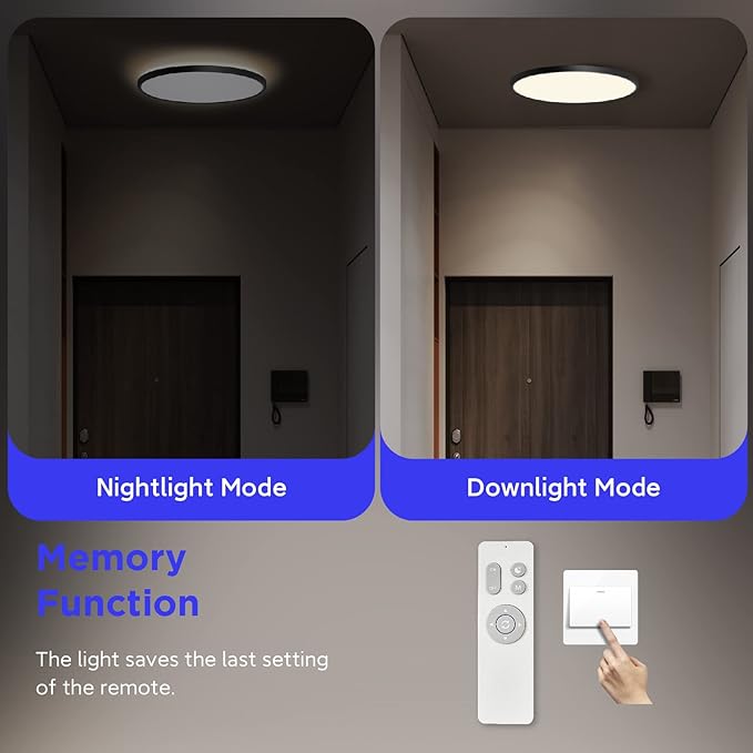 ocioc 18 inch Ceiling Light with Remote, 40W LED Flush Mount Light Fixture with 2000K Backlight, 3000K-6500K Light Color Changing, Black Ceiling Light Fixture for Bedroom,Living Room,Kitchen