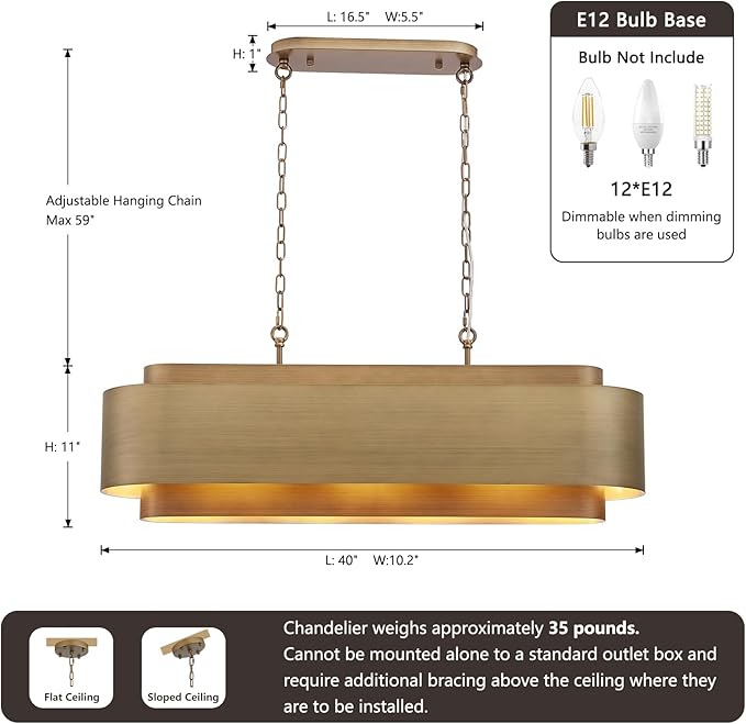 40" Modern Farmhouse Linear Chandelier, Dining Room Light Fixture Over Table Kitchen Island Lighting Metal Rustic Industrial Pendant Light Brushed Brass