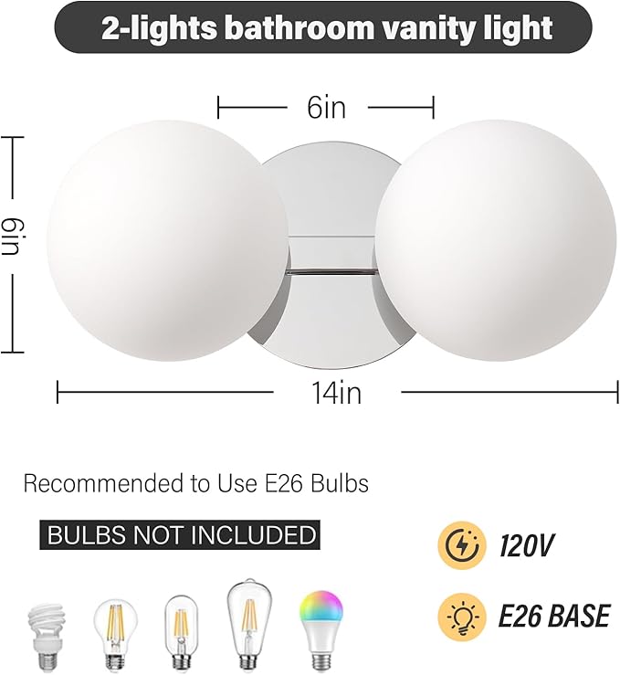Globe Bathroom Vanity Light Fixtures: Chrome Wall Scones With 2 Milk Glass Shade - Modern Makeup Lighting Fixture over Mirror - Brass Ball Powder Room Vanities Lights for Hallway Bedroom Bulb Excluded
