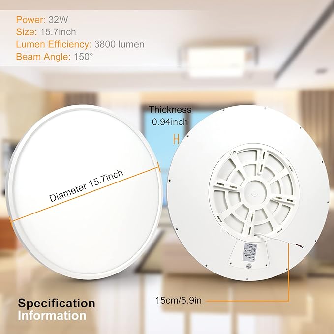 inShareplus 15.7inch LED Ceiling Light, 32W [320W Equiv] Nature White 4000K Flush Mount Ceiling Lights Fixture, 3800LM White Ceiling Lamp for Bedroom, Living Room, Kitchen, Office, Hallway