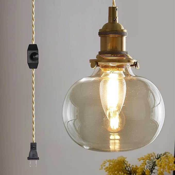 Plug in Glass Pendant Light with Dimmable Switch 4.72" Vintage Hanging Pendant Light Fixtures for Bedside Dining Room Foyer, Brass