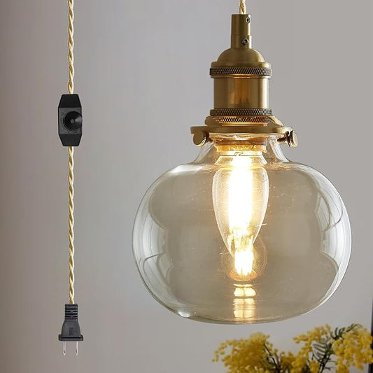 Plug in Glass Pendant Light with Dimmable Switch 4.72" Vintage Hanging Pendant Light Fixtures for Bedside Dining Room Foyer, Brass