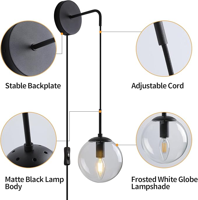KUZZULL Wall Sconces Set of Two Black Plug in Wall Sconces Set of 2 with Globe Clear Glass Shade Wall Lights Wall Lamps for Bedrooms Sconces Wall Decor Set of 2 with Plug in Cord Switch for Bedside