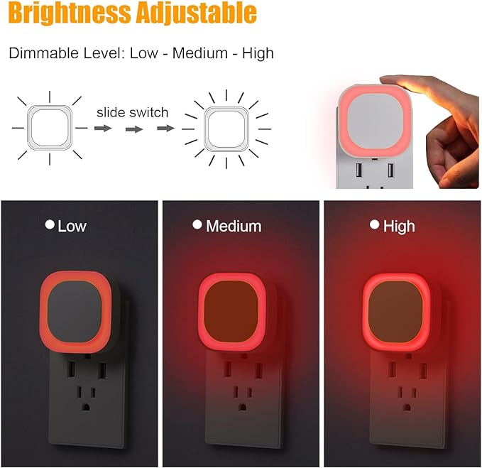 YUNLEX 4 Pack Red Night Light with Dusk to Dawn Sensor, Eye-Care Reflected Glow, 0% Blue Light True Red LED, 3-Level Brightness, Auto On/Off, Plug-in Nightlight for Sleep, Kids, Bedroom, Bathroom