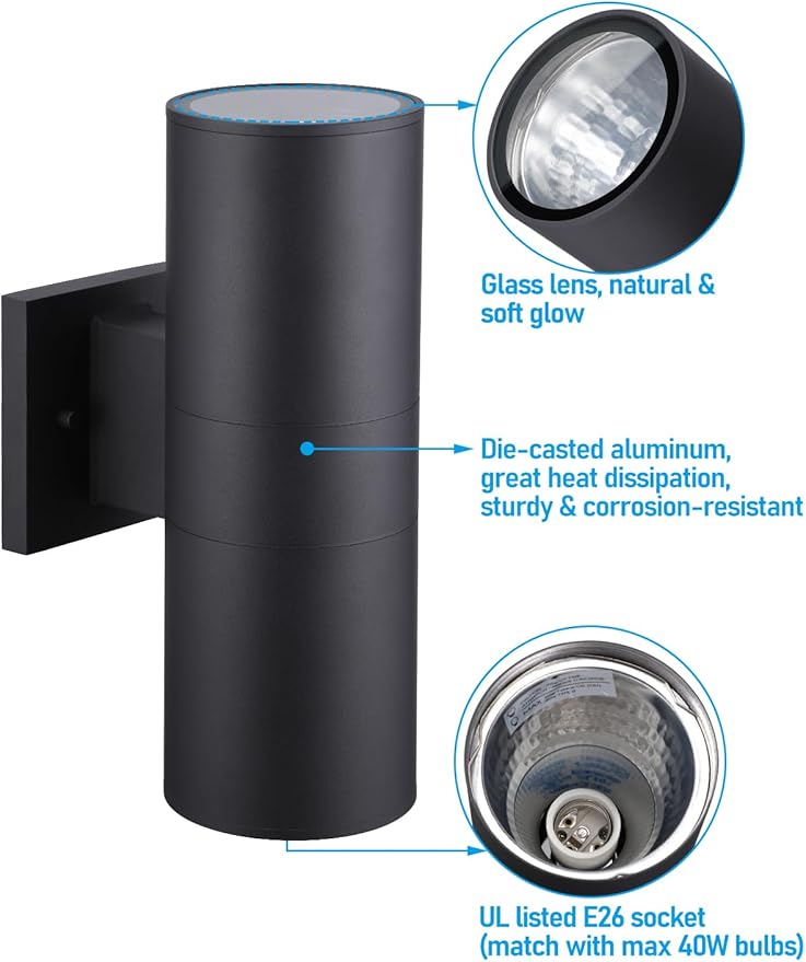 LEONLITE Modern Outdoor Cylinder Wall Lights 12", Up and Down Porch Patio Lights, Matte Black Waterproof Wall Sconce, Aluminum, E26 Base, Exterior Light Fixture Wall Mount, ETL, Pack of 2