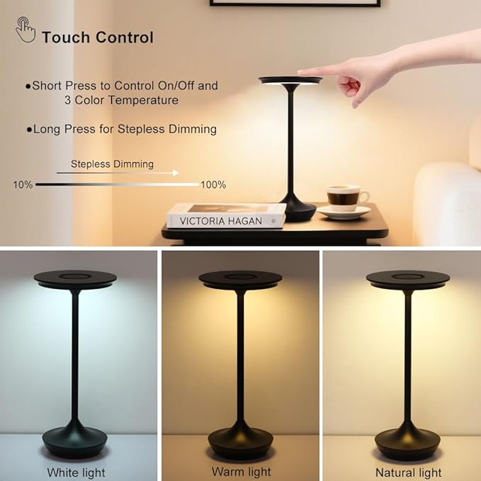 2 Pack Cordless Rechargeable Table Lamps, Portable 6000mAh Battery Desk Lamp Waterproof 3 Color Stepless Dimming Black LED Table Light with Memory Function for Outdoor/Dinning/Patio/Restaurant (2Pack)