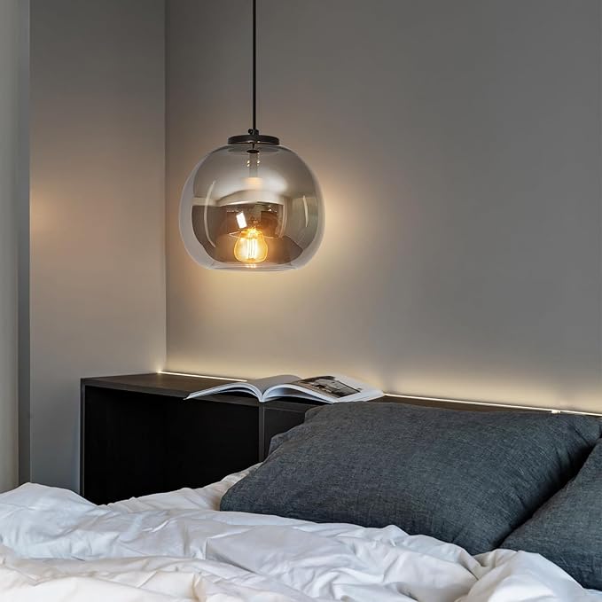 Mirror Smoke Gray Glass Pendant Lights Kitchen Island Black Hanging Light Fixture 7.87" Glass Globe Pendant Light Modern Pendant Lighting for Kitchen Island Bedroom Dining Room (7.87", 1 Pack)